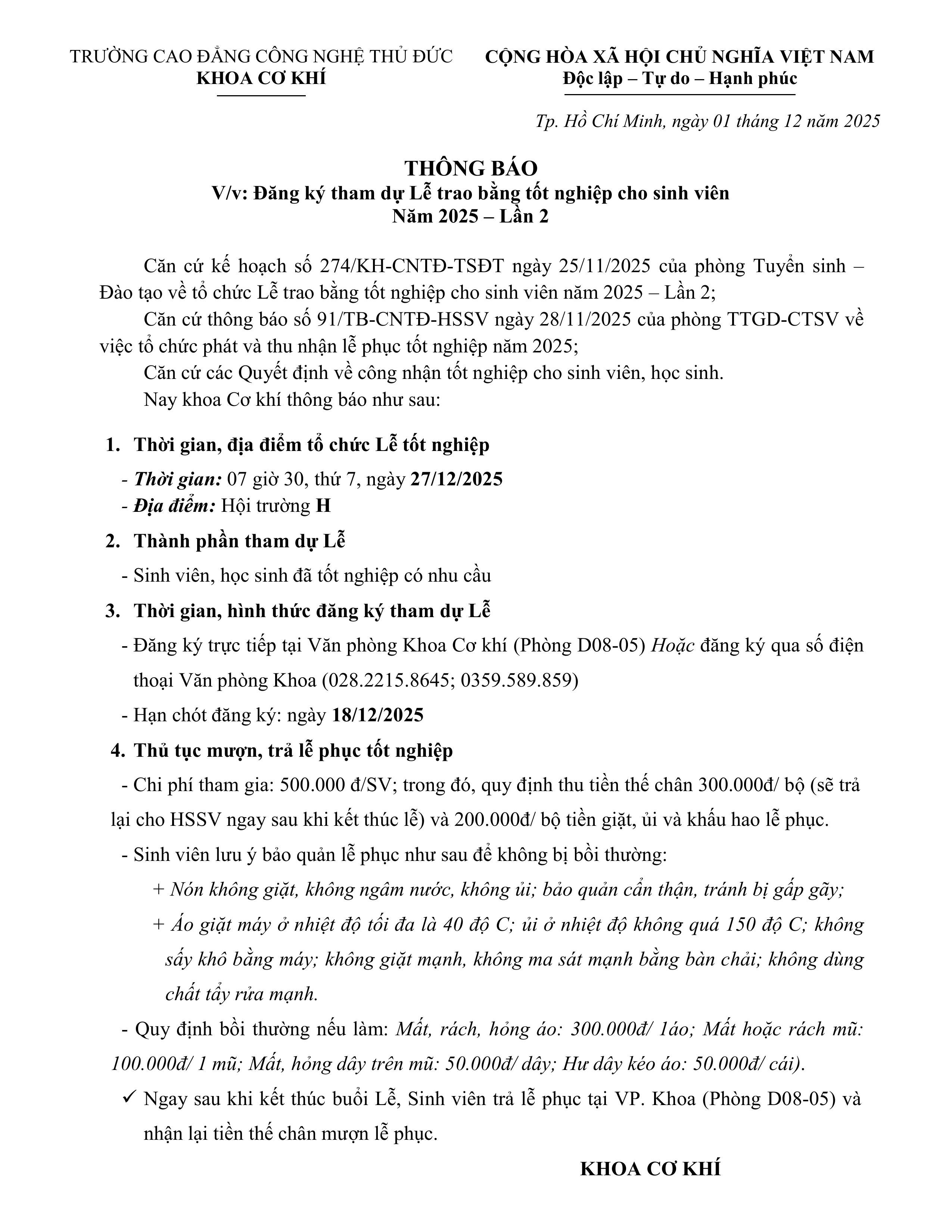 THÔNG BÁO: Đăng ký tham dự Lễ trao bằng tốt nghiệp cho sinh viên - Năm 2025 – Lần 2